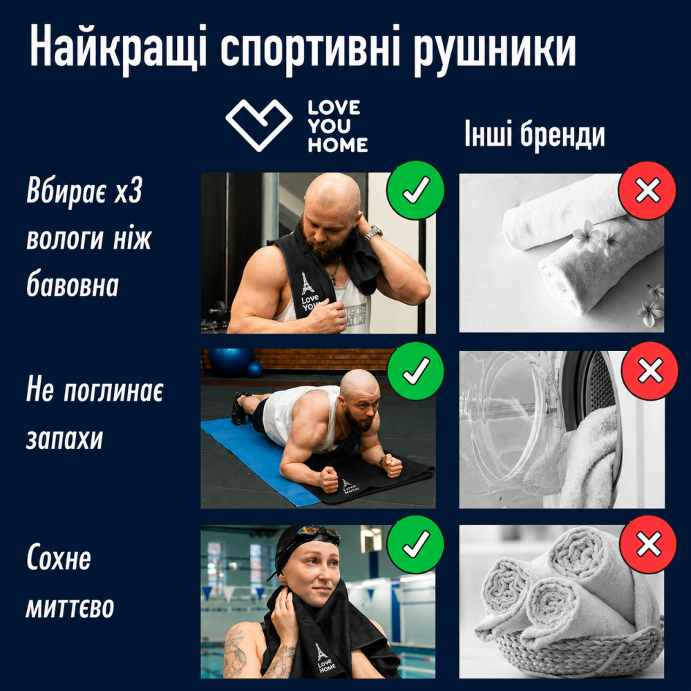Дорожній спортивний рушник Love You з мікрофібри з чохлом Чорний 50х90